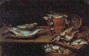 Alexander Adriaenssen Still Life with Fish,Oysters,and a Cat oil